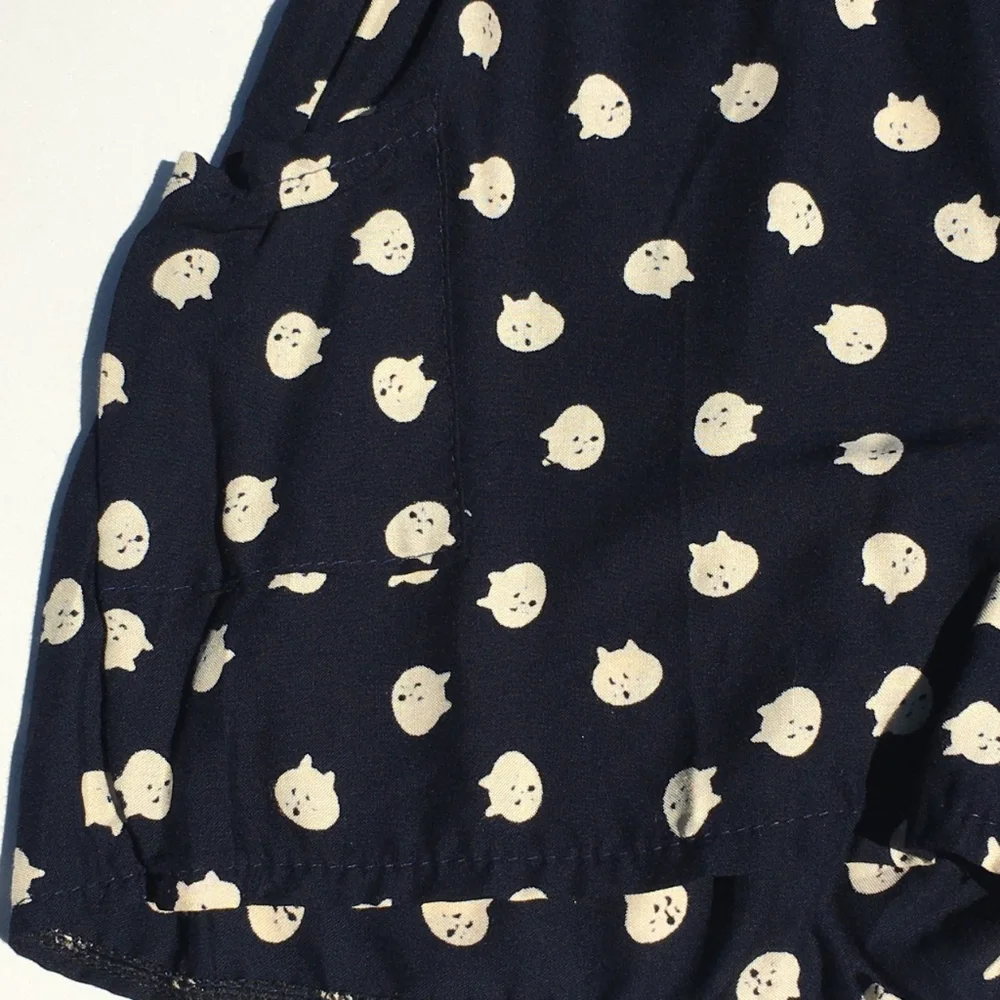 Kitten Face Polka Cat Shorts Romper Jumpsuit Size L (Fits like Small) Navy Blue - Picture 4 of 4